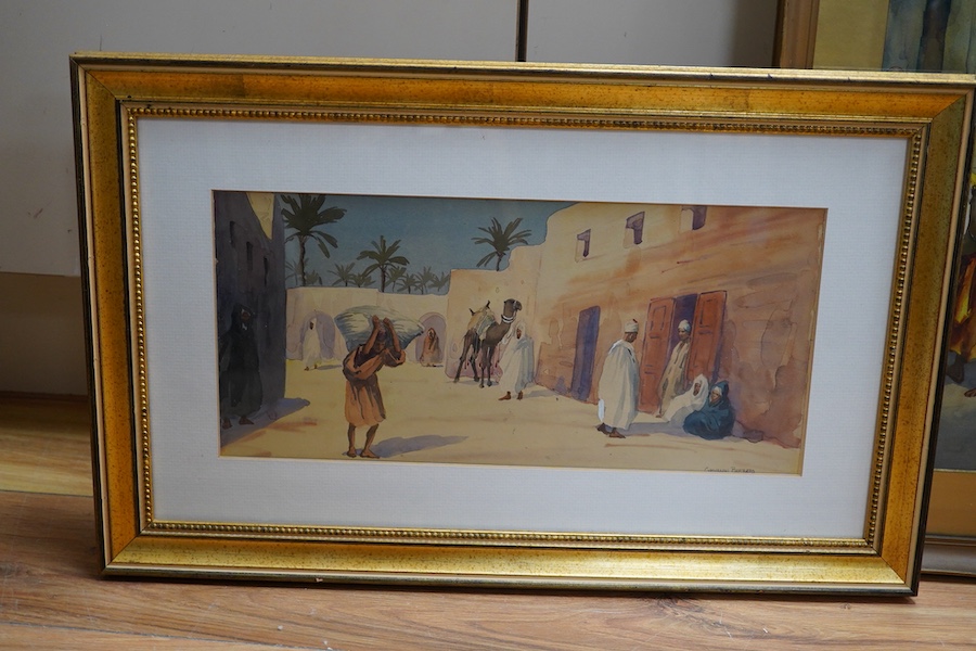 Giovanni Barbaro (1864-1915), Orientalist street scenes with figures and camels, each signed, four watercolours, largest 70 x 30cm